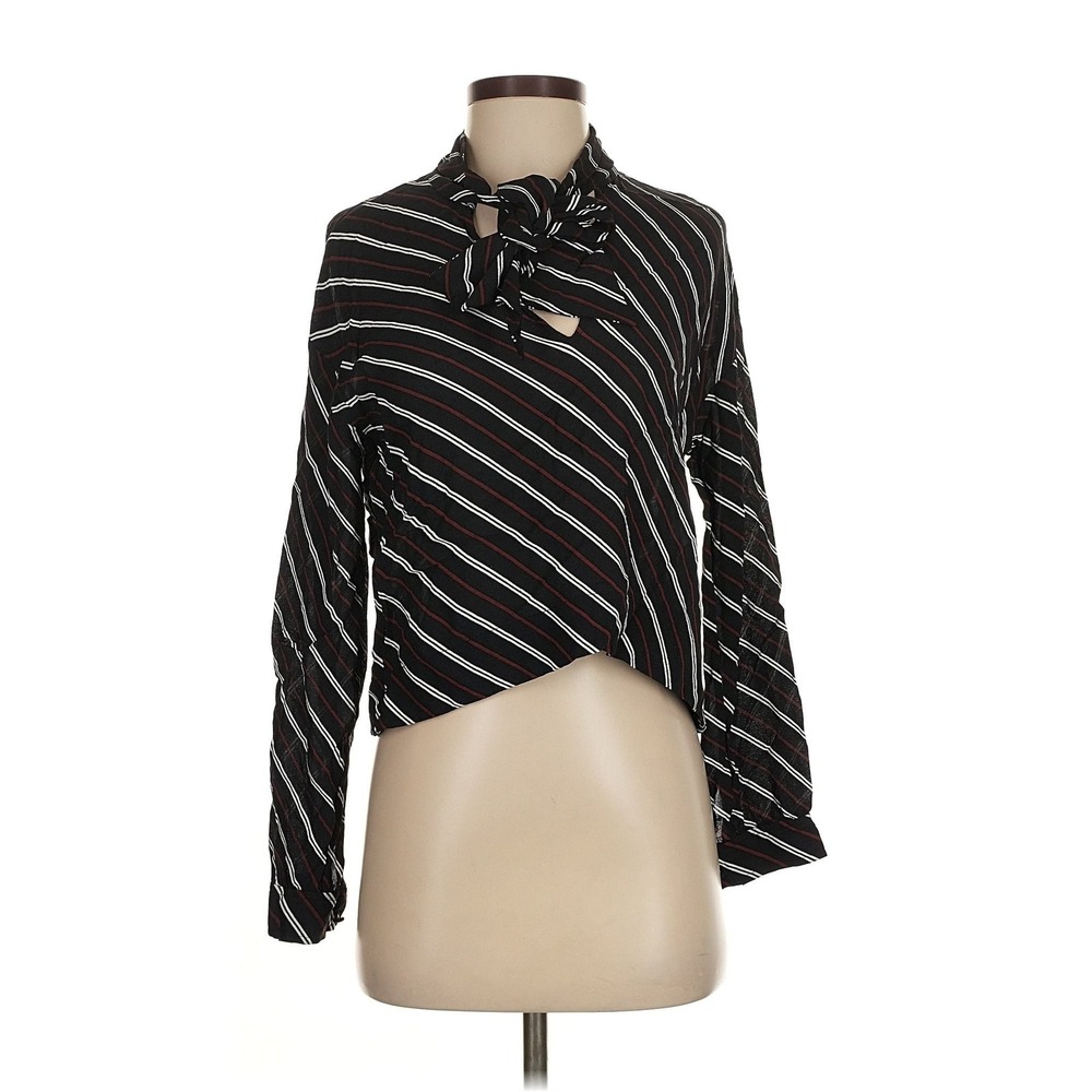 Wilfred Blouse Women XS Black Striped Tie Neck Asymmetrical Cropped Long Sleeve